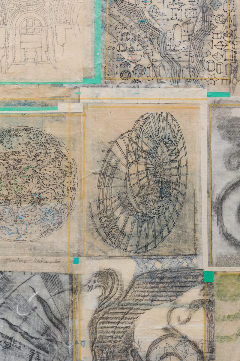 A detail of a collage of drawings titled A Compendium of Visual Touch by Stephen Talasnik.