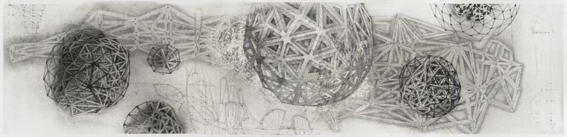 A graphite on paper panoramic drawing titled Aerial Perspective by Stephen Talasnik.