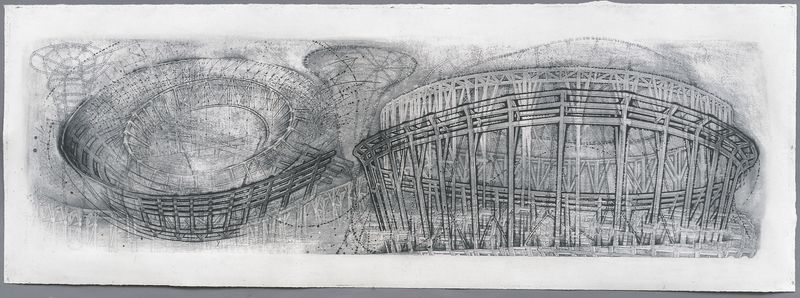 A graphite on paper panoramic drawing titled Defensive Architecture by Stephen Talasnik.
