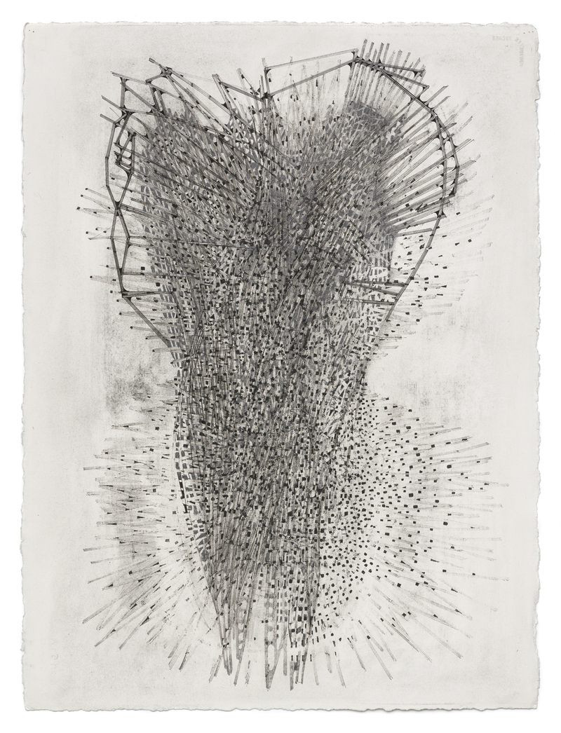 A graphite and ink on paper drawing titled Elusive Figure #1 by Stephen Talasnik.