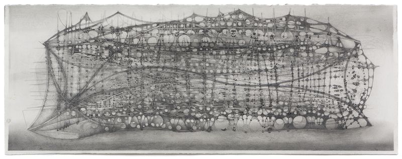 A graphite on paper drawing titled Floating City #5 by Stephen Talasnik.