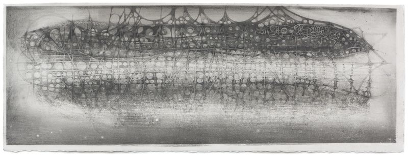 A graphite on paper drawing titled Floating City #6 by Stephen Talasnik.