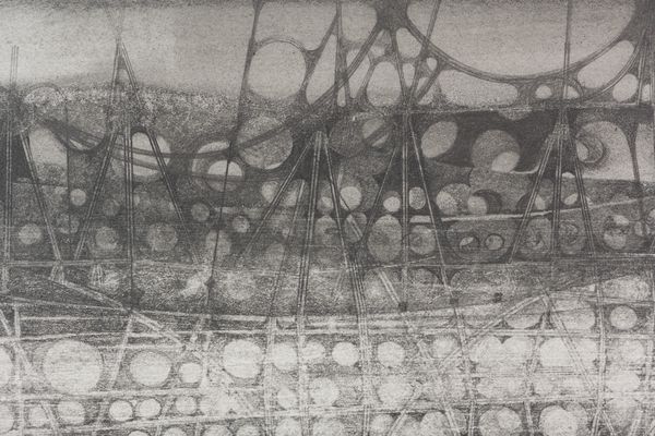A detail image of a graphite on paper drawing titled Floating City #6 by Stephen Talasnik.