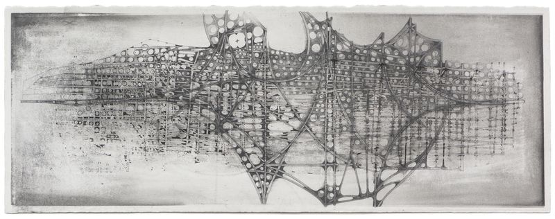 A graphite on paper drawing titled Floating City #8 by Stephen Talasnik.