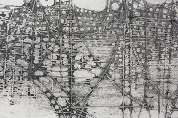 A detail image of a graphite on paper drawing titled Floating City #8 by Stephen Talasnik.