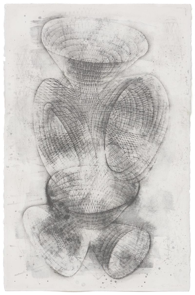 A graphite on paper drawing titled Savant’s Tower by Stephen Talasnik.