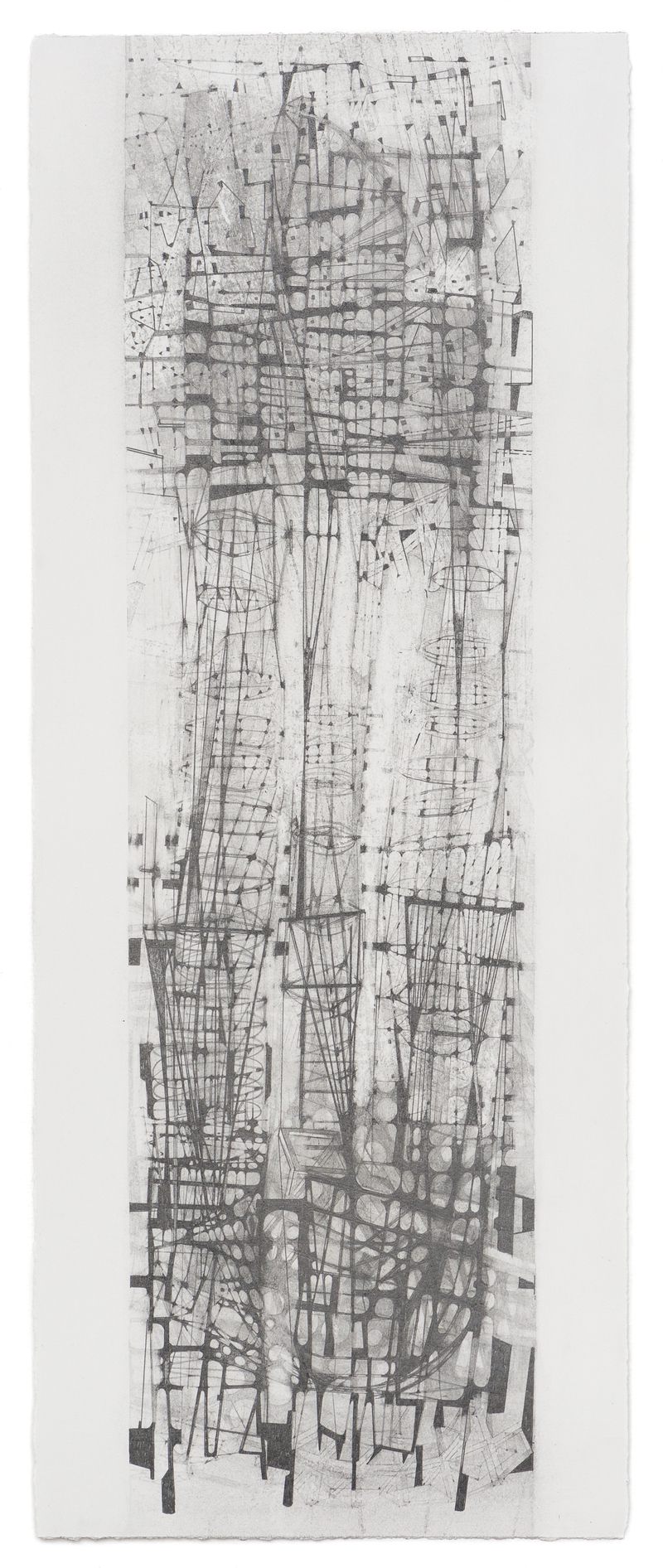 A graphite on paper drawing titled Urban Canyon by Stephen Talasnik.