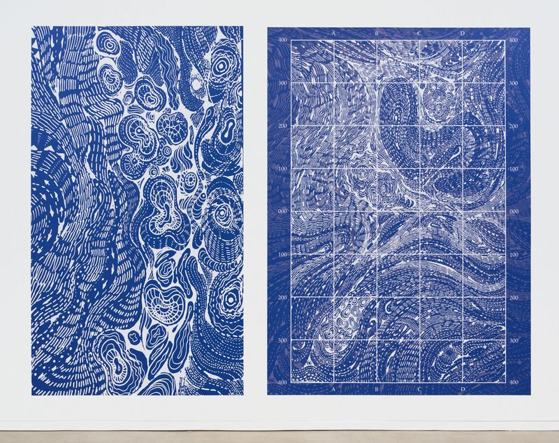 An image of a digitally printed vinyl wall print showing lines resembling topographical delineations on a blue background, installed as part of the exhibition FLOE: A Climate of Risk, the Fictional Archeology of Stephen Talasnik.